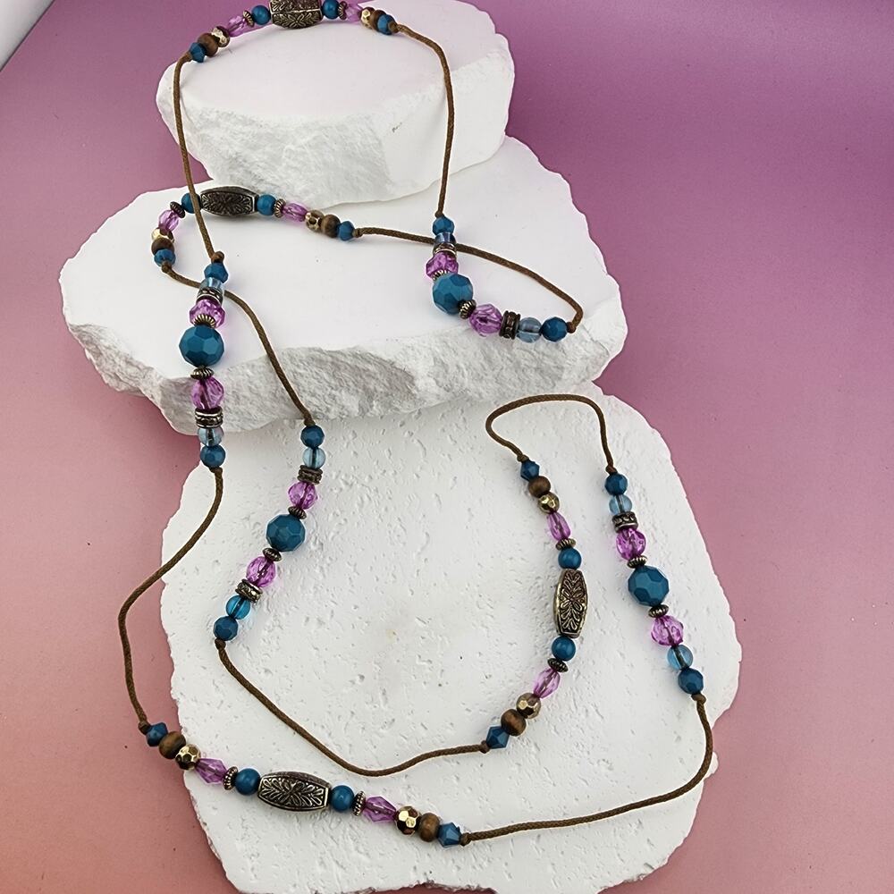 Blue Purple Faceted Bead Long Cord Necklace Floral Metal Accents Boho 46"